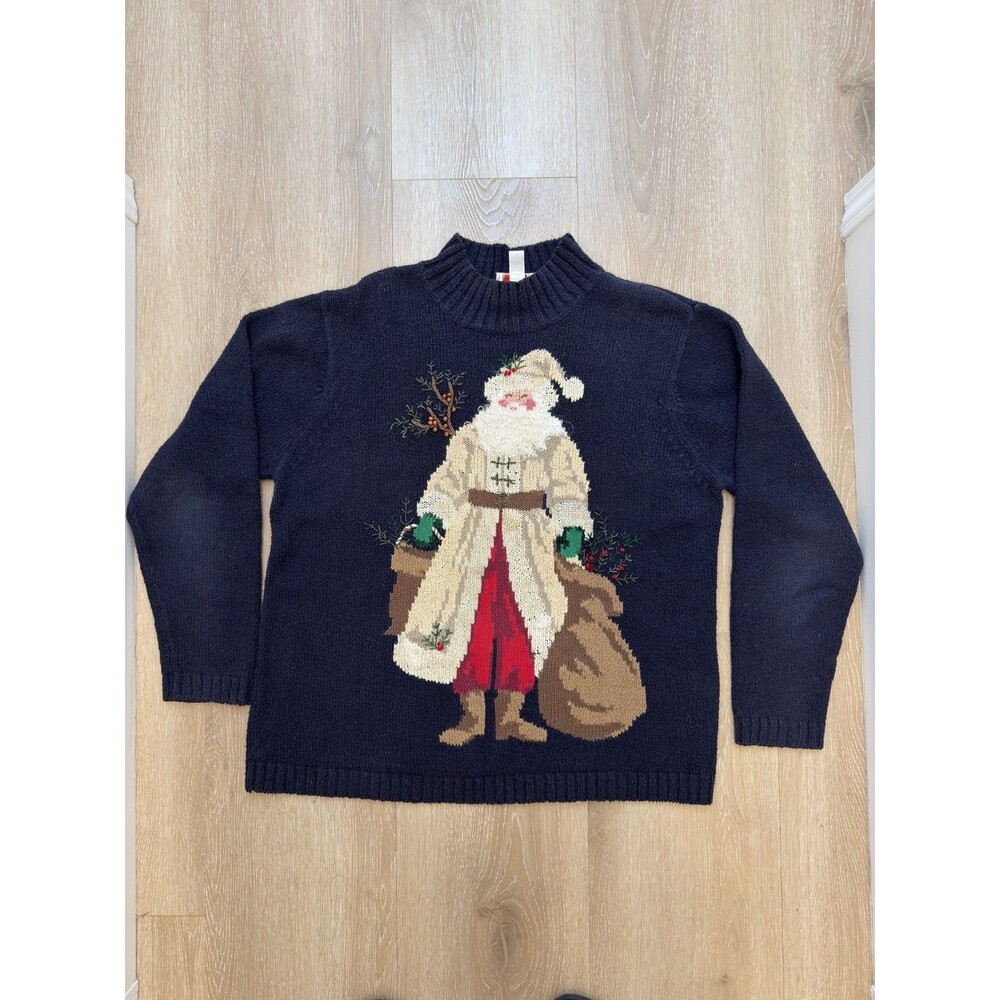 VTG Talbots Santa Christmas Sweater M Navy Intarsia Folk Art Mock Neck Holiday